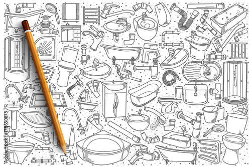 Hand drawn plumbing fixtures vector doodle set background