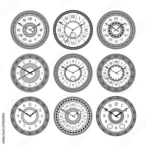 Vector set of vintage clocks. Monochrome pictures isolate. Symbols of time