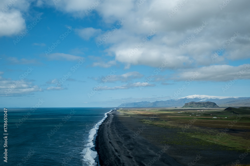 Iceland landscape, popular landmark Black Sand Beach in Vik, Iceland