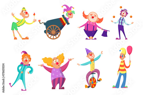 Circus characters. Funny clowns in action poses