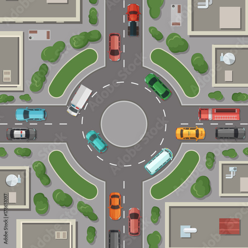 Vector city buildings, roads and cars top view illustration