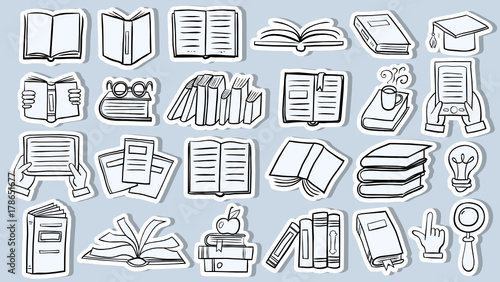 Set of book doodle stickers