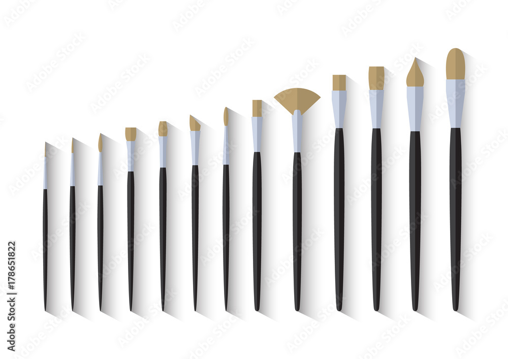 set of paint brush stationary, collection of color painting accessory, artist tools, vector illustration