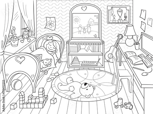kids coloring on the theme of childhood room
