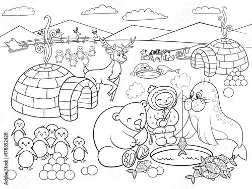 Fototapeta Naklejka Na Ścianę i Meble -  Kids Coloring North Pole raster illustration