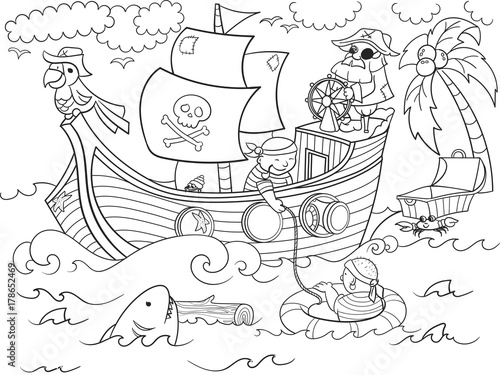 Fototapeta kolorowanki dla dzieci na temat rastrów piratów