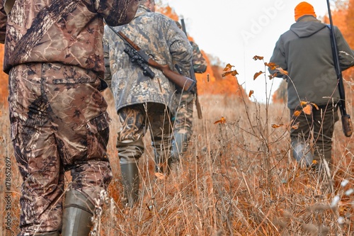 Fototapet group of hunters during hunting in forest