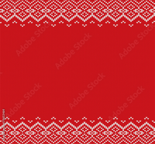 Knitted christmas background. Red and white geometric ornament. Xmas knit winter sweater texture design.
