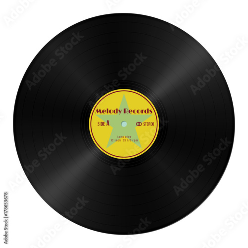 Realistic vector gramophone vinyl record in retro style with yellow label. Vintage audio plastic disk