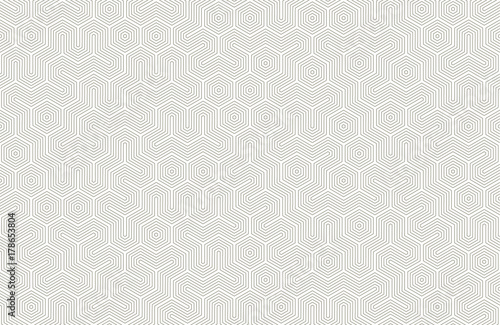 Seamless geometric pattern with hexagons and lines. Irregular structure for fabric print. Monochrome abstract background.