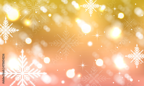 Abstract vector blurred background with winter design, stars, glowing elements and snowflakes.