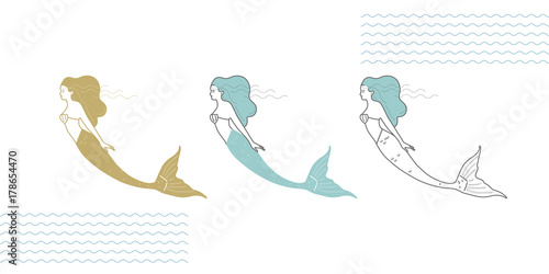 Mermaids in a modern minimalist style, line art illustration.