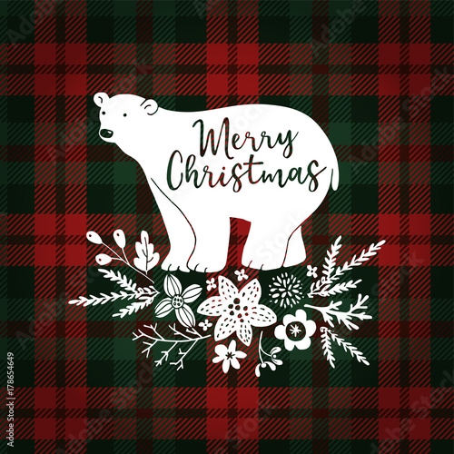 Merry Christmas greeting card, invitation. Hand drawn white polar bear with fir tree branches. Floral decoration with poinsettia and mistletoe. Tartan checkered plaid, vector illustration background.