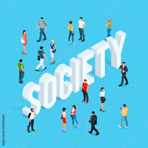 Society. Isometric social concept with people in different poses.