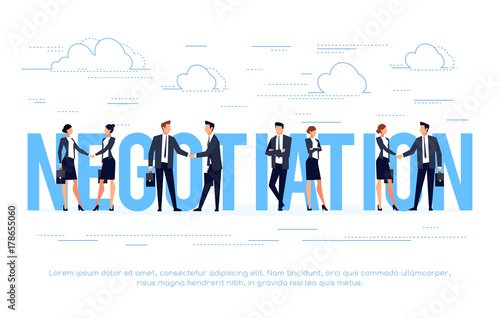Business concept in a flat style with businessmen shake hands.