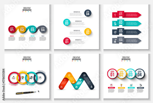 Set of vector arrows, circles and other abstract elements for infographic. Business concept with 4 options, parts, steps or processes. Linear icons.