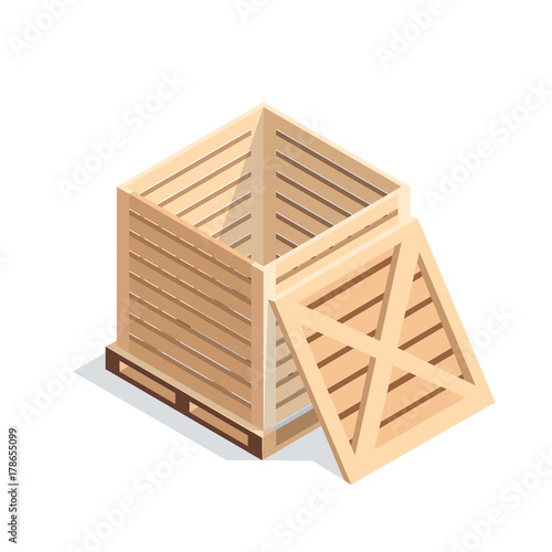Isometric wooden box on pallet.