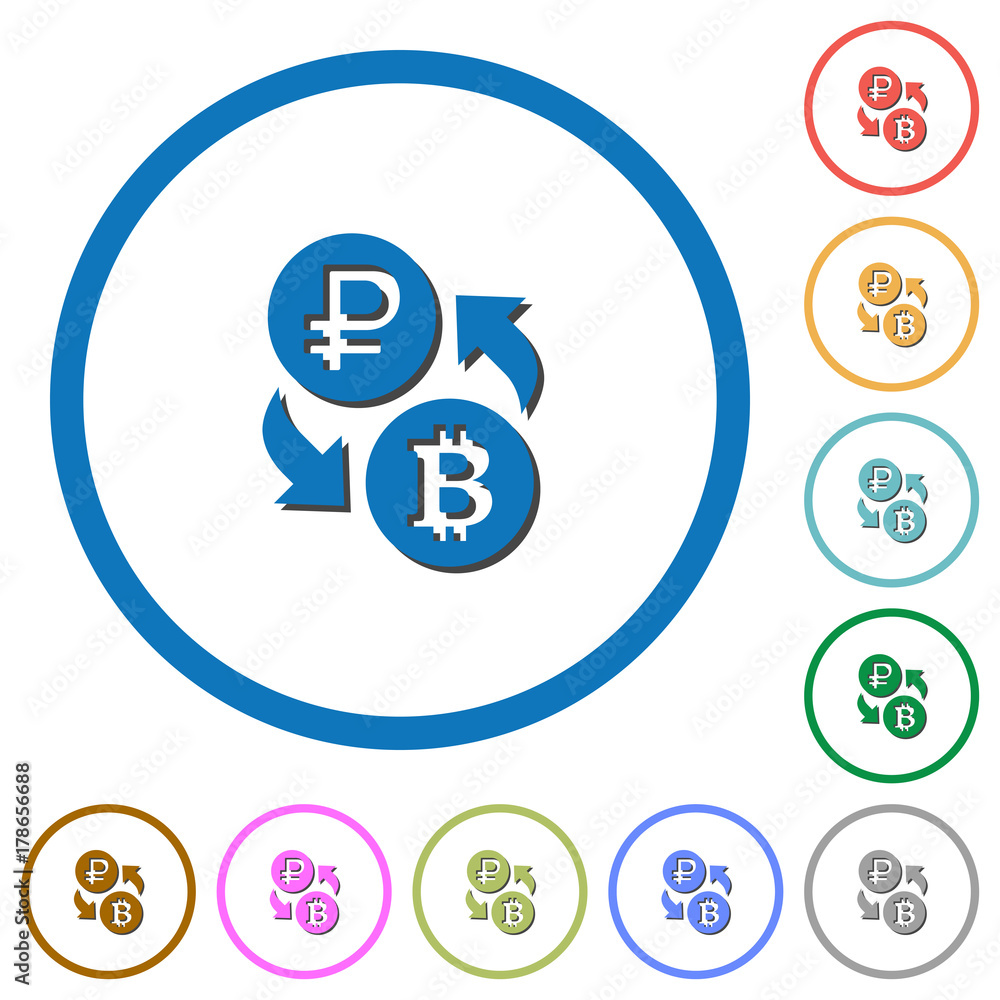 Ruble Bitcoin money exchange icons with shadows and outlines Ruble Bitcoin money exchange icons with shadows and outlines