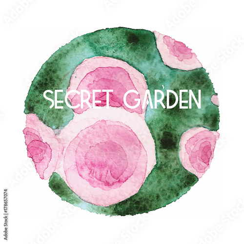Round watercolor painting of blooming roses with secret garden inscription
