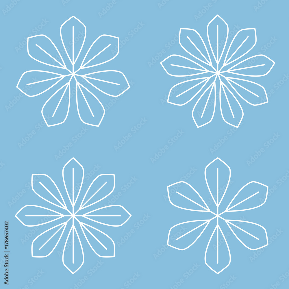 Set of simple round mandala snowflakes on blue background