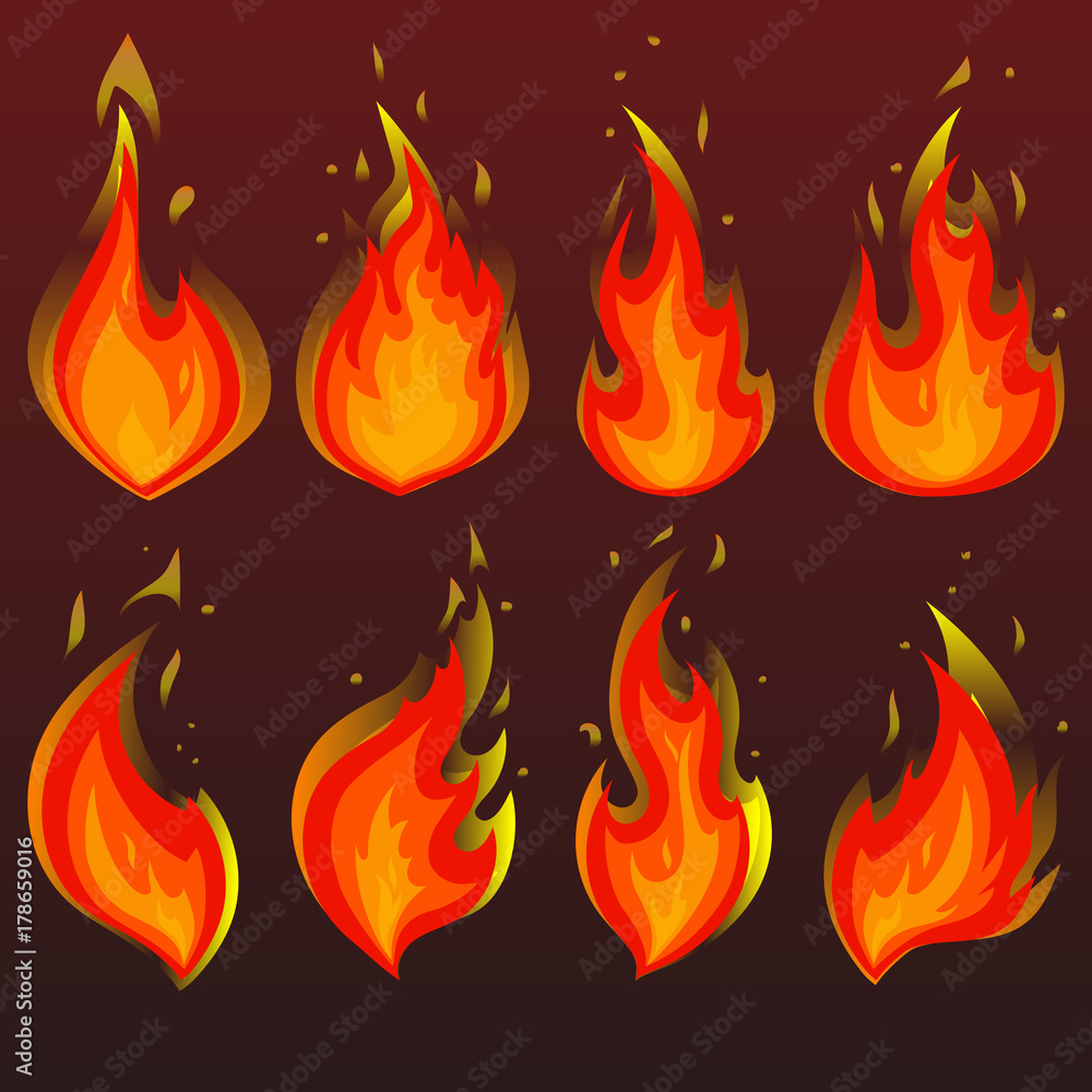Set of red fire icons. Flames. Vector illustration Set of red fire icons. Flames. Vector illustration