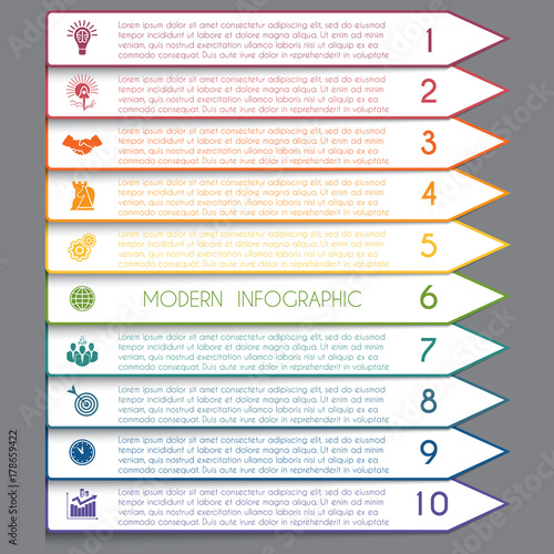  Template infographic horizontal white strips on colorful arrows lines 10 positions