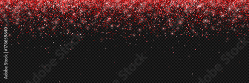 Red glitter background, falling particles on transparent background, long horizontal. Vector
