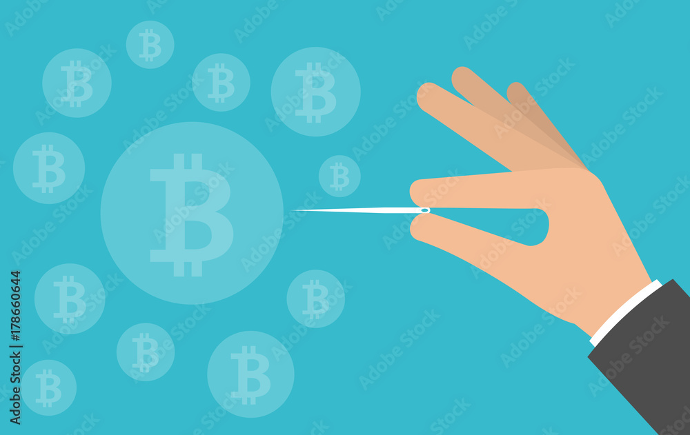 Hand bursting or pricking bitcoin bubble with a needle Hand bursting or pricking bitcoin bubble with a needle