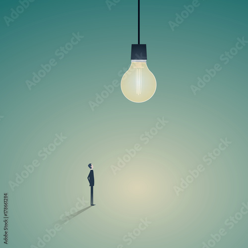 Businessman stadnding below big lightbulb. Business creativity vector concept.