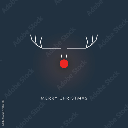 Minimalistic funny christmas card template with reindeer symbol at night and glowing red nose.