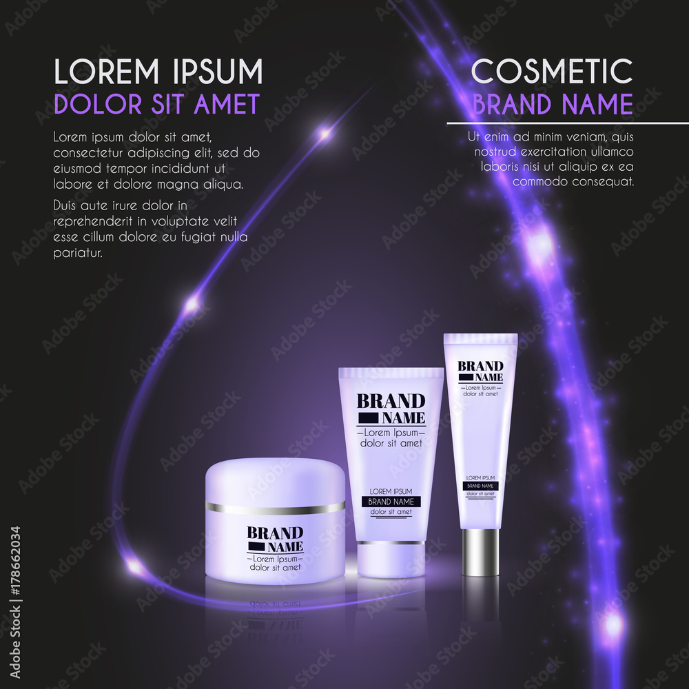 3D realistic cosmetic bottle ads template. Cosmetic brand advertising concept design with glowing sparkles and glitters abstract background 3D realistic cosmetic bottle ads template. Cosmetic brand advertising concept design with glowing sparkles and glitters abstract background