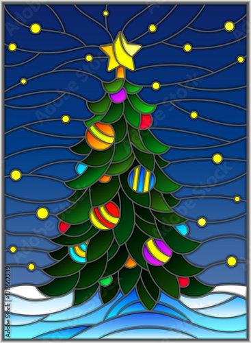 Illustration in stained glass style for the new year, decorated Christmas tree with decorations on a background of snow and starry sky