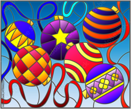 Illustration in stained glass style with still life of new year toys and serpentine