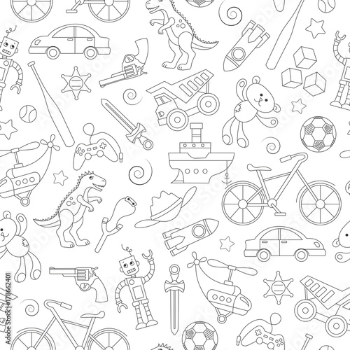 Seamless pattern on the theme of childhood and toys, toys for boys, black contour icons on white background