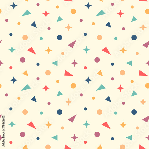 Colorful vector confetti, geometric symbols seamless pattern background.