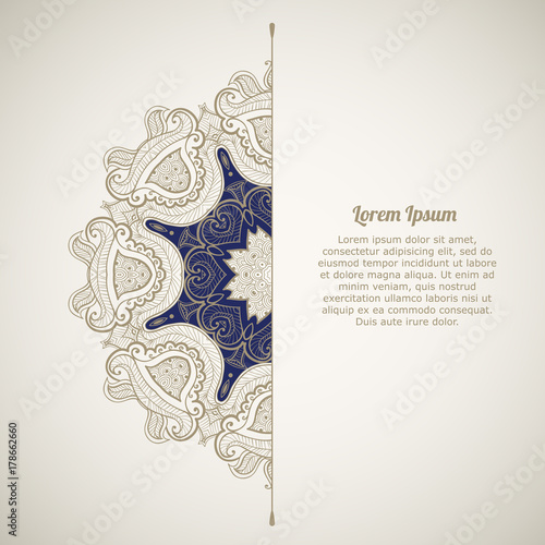 Greeting card in oriental style. Template of greeting card or invitation with ethnic ornament. Oriental pattern. Mandala photo