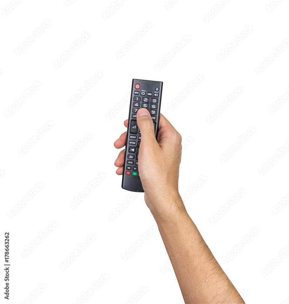 Remote TV controller hand holding isolated on white background, clipping path Remote TV controller hand holding isolated on white background, clipping path