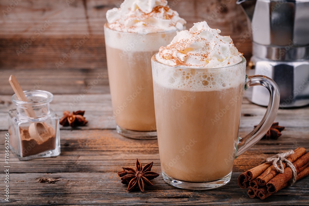 Pumpkin spice latte with whipped cream and cinnamon Pumpkin spice latte with whipped cream and cinnamon