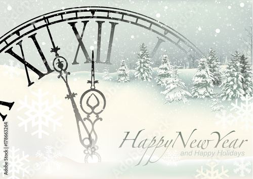 New Year Background with Snowy Landscape and Clock and Snowflakes - Winter Illustration, Vector