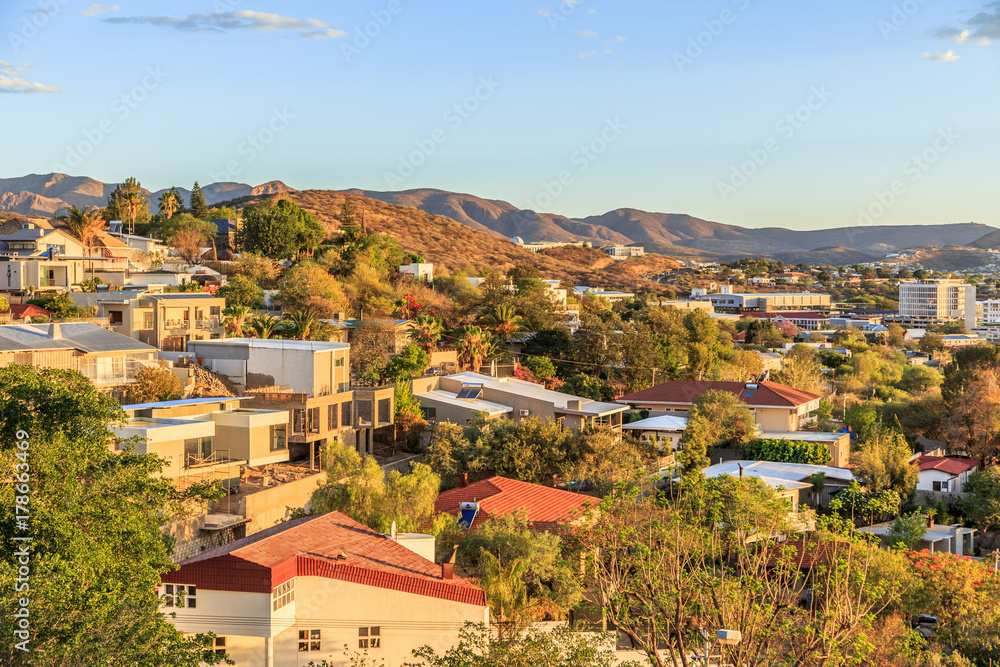Windhoek rich resedential area quarters on the hills with CBD and mountains in the background, Windhoek, Namibia