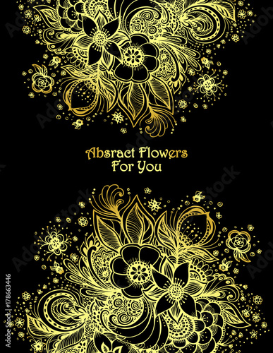 Template with Beautiful abstract flowers bouquet in gold on black
