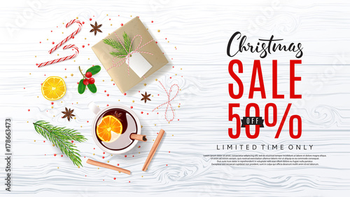 Promo Web Banner for Christmas Sale. Vector Illustration with Discount Offer. Top View on Festive Decoration with Paper Gift Box for Happy New Year. Greeting Card with Lettering.