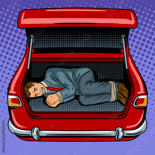 Kidnapped man in the car trunk pop art vector