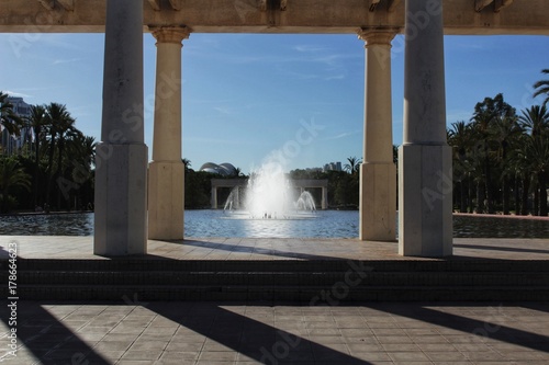 Fountain with monumental pillars in Valencia garden © SoniaBonet