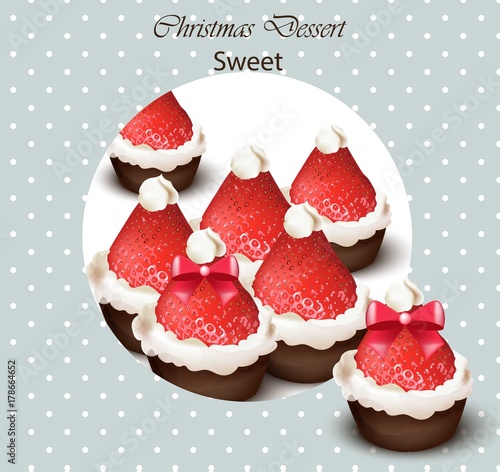 Christmas cupcakes with strawberries Vector. Realistic Sweet dessert designs