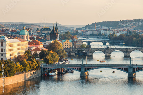 View of Charles Bridge and Vltava river in Prague, Czech Republic
