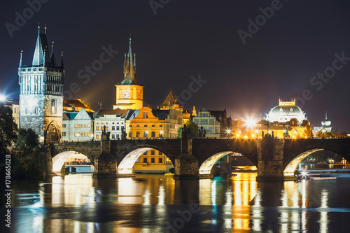View of  Charles Bridge and Vltava river at night in Prague  Czech Republic