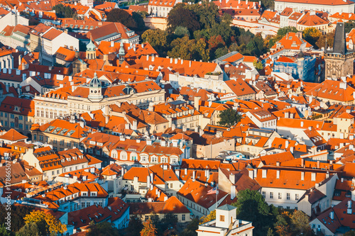 aerial view of mala strana district, Prague Czech republic, red tile roofs