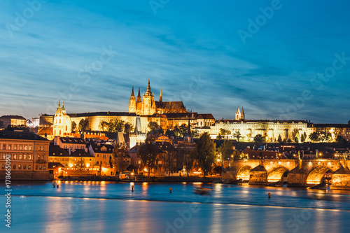 view of historical center of Prague durin beautiful sunset with castle, Hradcany, Czech Republic