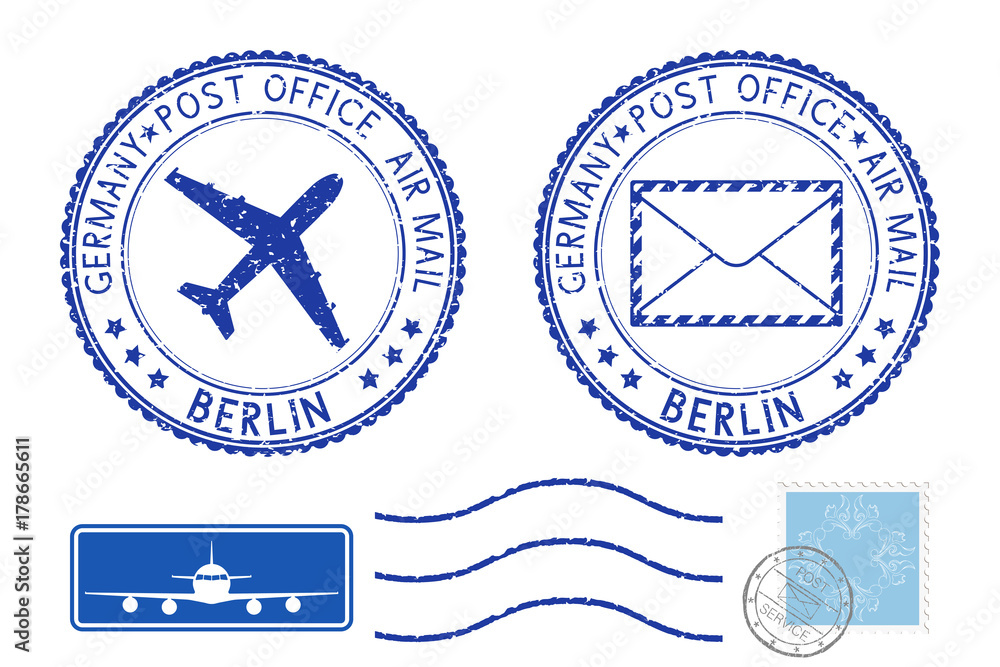 Blue postal elements. Berlin, Germany postmark and stamps